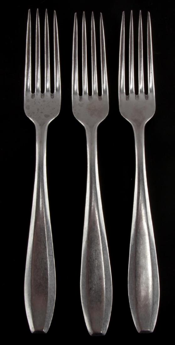 3 GERMAN WWII THIRD REICH WAFFEN SS MESS HALL FORK: 3 German WWII 'SS- Reich' marked mess hall forks. All handles marked for maker 'ORIGINAL OLYMPIA'. Also marked 'OXYDEX' and 'ROSTFREI'. Each measures 8 1/4" in length. Light water marks and tarnishing