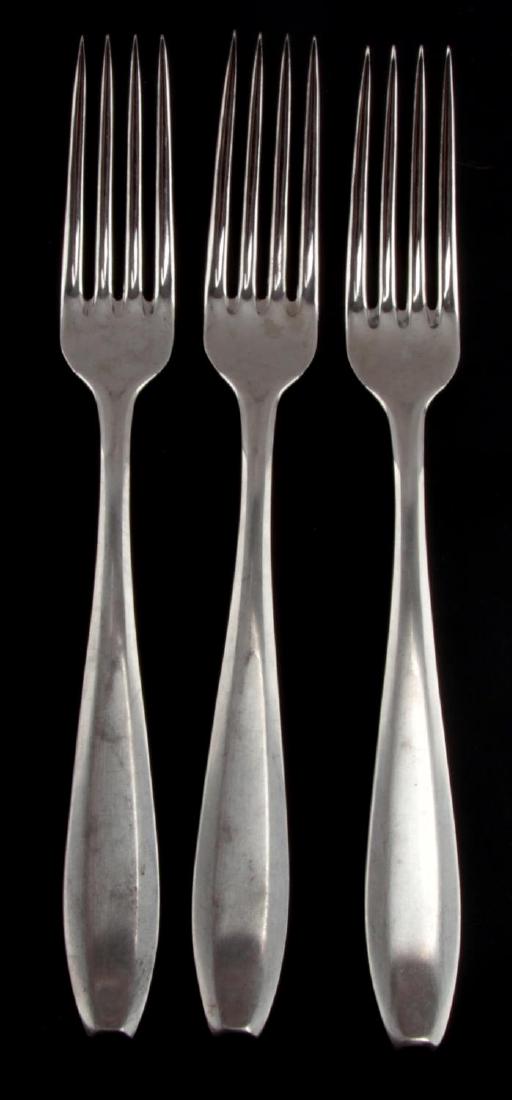 3 GERMAN WWII THIRD REICH WAFFEN SS MESS HALL FORK: 3 German WWII 'SS- Reich' marked mess hall fors. All handles marked for maker 'ORIGINAL OLYMPIA'. Also marked 'OXYDEX' and 'ROSTFREI'. Each measures 8 1/4" in length. Light water marks and tarnishing 