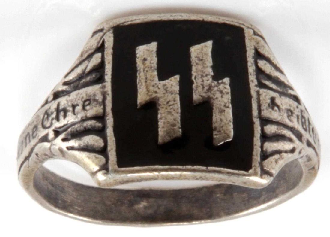 WWII GERMAN THIRD REICH SILVER WAFFEN SS RING: This ring is marked 800 silver and has the classic SS sig runes resting on black enamel. The motto Meine Ehre heisst treue is engraved on the sides. It is size 11 and 1/4. Very good condition-- Items 