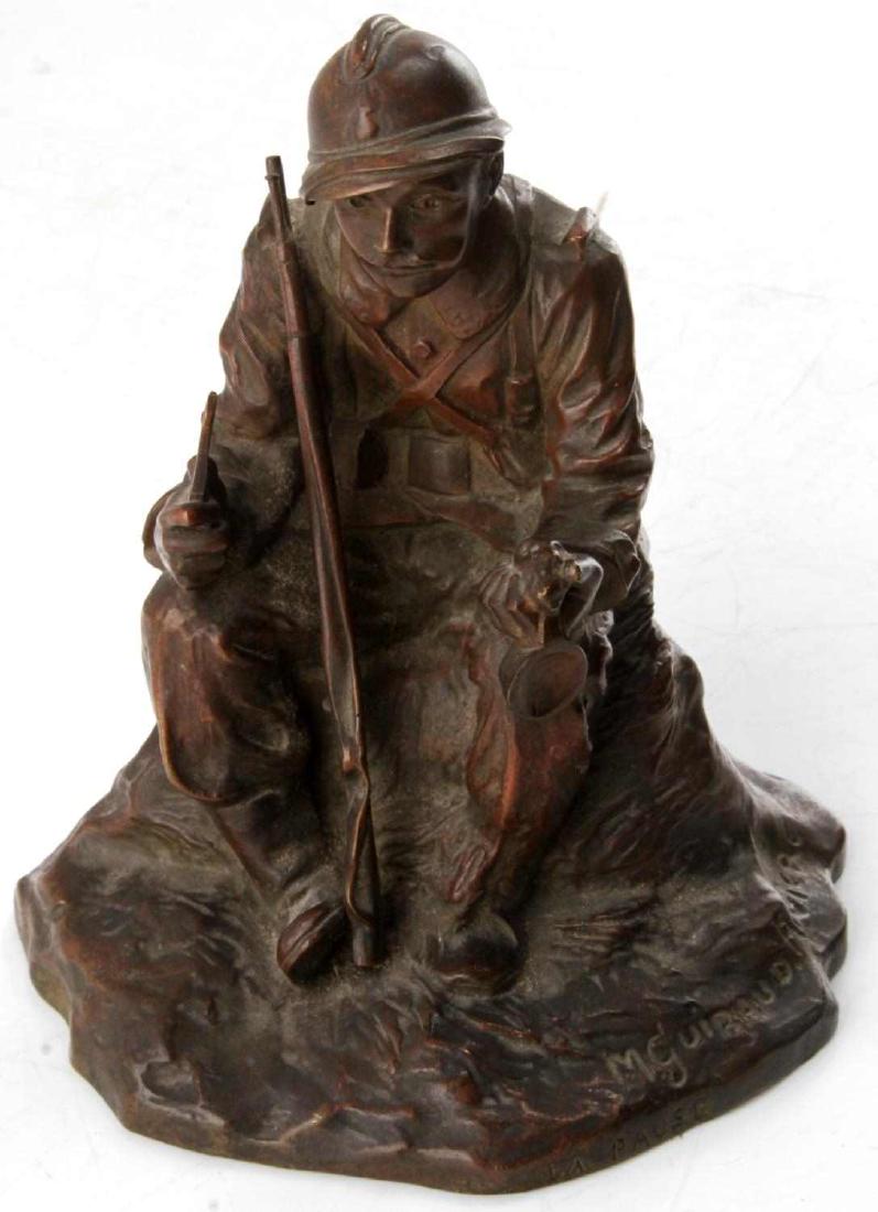 M. GUIRAUD RIVIERE BRONZE CAST SCULPTURE LA PAUSE: Maurice Guiraud-Riviere bronze cast sculpture of French soldier at rest. Inscribed "La Pause." Susse Freres Foundry - Editeur Paris mark. Approximately 7 inches by 5 inches. Excellent condition.