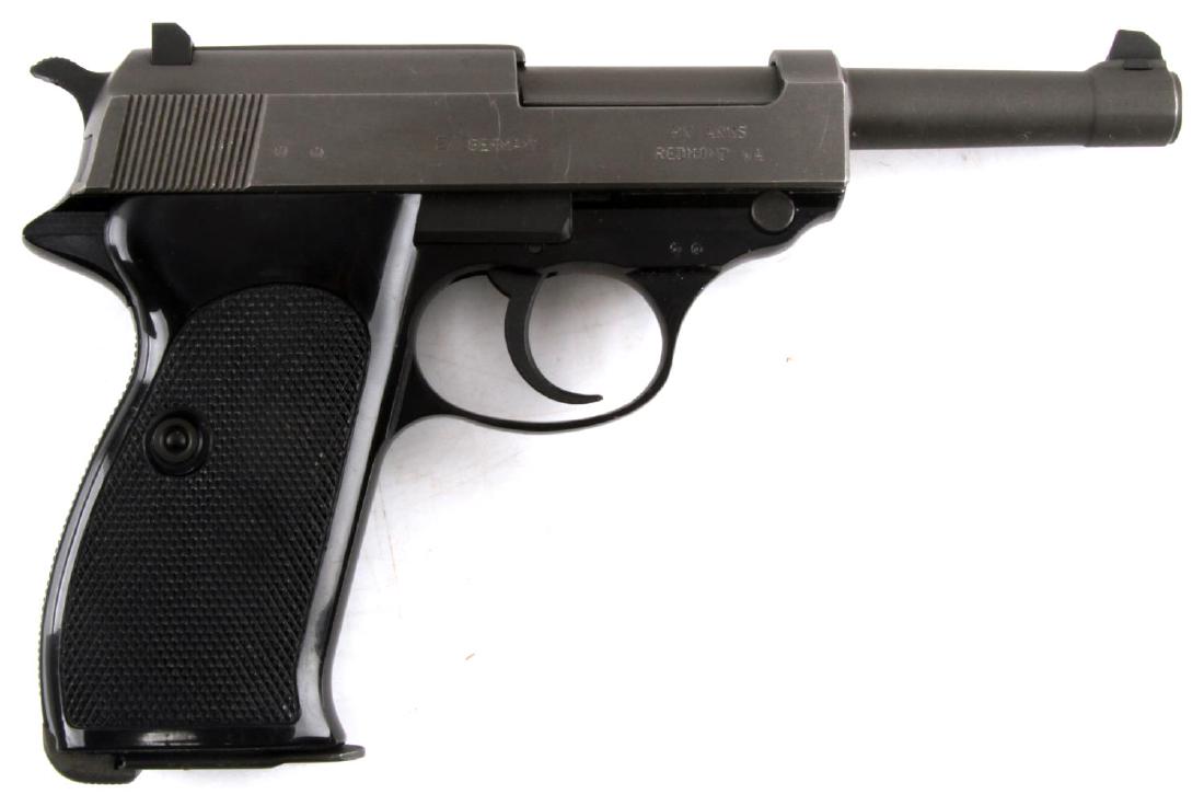 CARL WALTHER WAFFENFABRIK P38 9MM SEMI AUTO PISTOL: Carl Walther P38 9mm semi automatic pistol. Post WWII. Made in Germany and imported by PW Arms. Barrel length is 5 inches. Barrel and slide are matte finish, frame is blued and grips are composite che