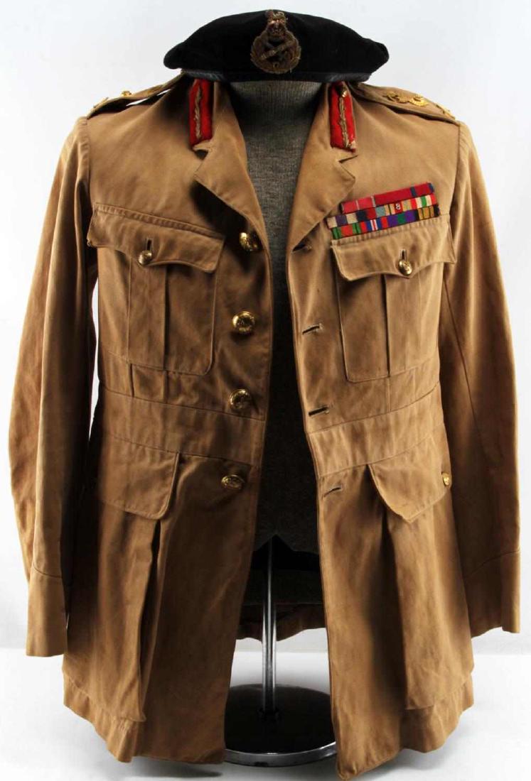 WWII BRITISH ARMY GENERAL MCCREERY UNIFORM TUNIC: Uniform tunic of British General Richard McCreery. Has general's gorget patches, general's rank marks, and the general's ribbon bar, as well as having the general's name inside the the lining of the t