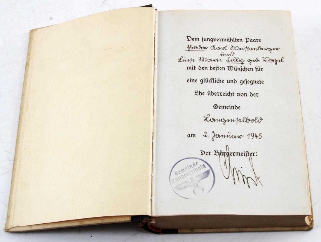 MEIN KAMPF 1942 EDITION NSDAP PRESENTATION COPY: Mein Kampf 1942 edition presentation copy of the book presented by Burgermeister 1945 this copy of Mein Kampf bears the Reichsadler stamp on cover , hand written signature, and the phrase "Der Burgerm