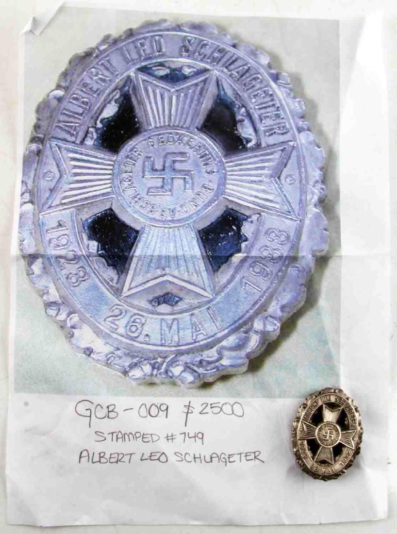 WWII THIRD REICH ALBERT LEO SCHLAGETER BADGE: WWII German Third Reich Albert Leo Schlageter Memorial Covenant Order badge. Approximately 950 badges made. Badges were awarded to honorary members of the Order. Very rare. Numbered 749. Very good con