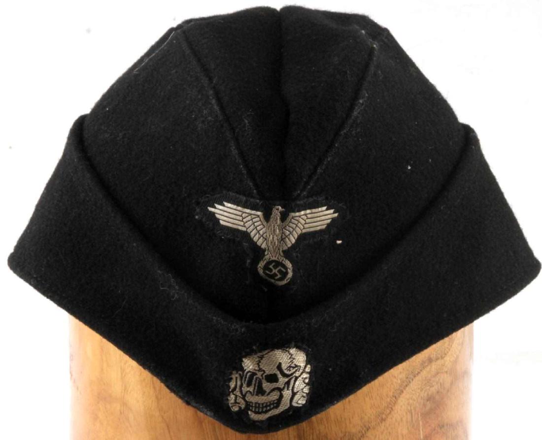 WWII WAFFEN SS PANZER DIV OFFICERS BLACK WOOL CAP: German WWII Third Reich Waffen SS Panzer Division officer's black wool cap with silver-bullion wire Reichsadler & totenkopf insignias. Hat is free of maker's markings of any kind. Item is in good cond