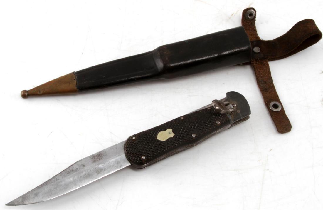 SOLINGEN GERMANY FOLDING BOWIE KNIFE AND SHEATH: Imperial Solingen German lever lock folding bowie knife and sheath. Bakelite grip, 13.75" overall length uew116