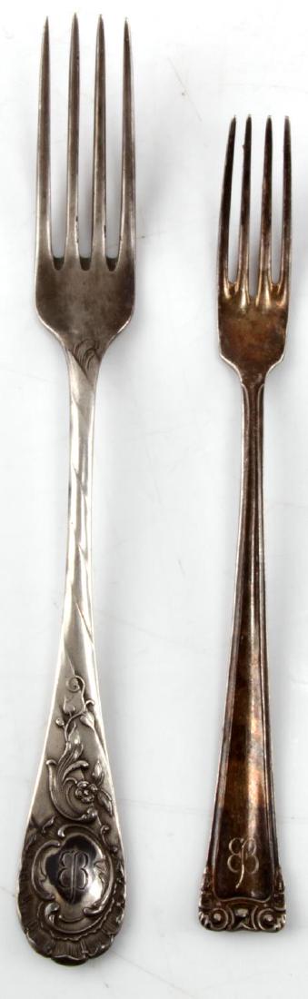 WWII EVA BRAUN THIRD REICH HALLMARK 800 SILVERWARE: WWII era Eva Braun Third Reich silverware set. Two forks. Larger measures 8 inches and smaller measures 7 inches. Marked with the Eva Braun butterfly. Hallmark 800 silver. JAL maker's mark on larger a