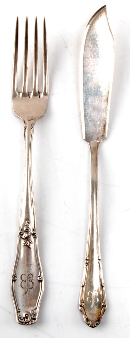 WWII EVA BRAUN THIRD REICH HALLMARK 800 SILVERWARE: WWII era Eva Braun Third Reich cutlery set. One fork 8 inches and one fish knife 8.5 inches. Marked with the Eva Braun butterfly. 800 silver. Knife has OKA maker's mark. German hallmark. SV2.