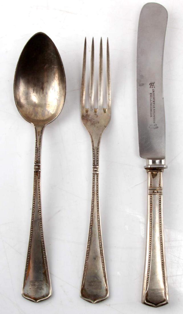 WWII SPEER THIRD REICH HALLMARK 800 SILVERWARE: WWII era Albert Speer Third Reich silverware set. One knife measuring 9.875 inches, one fork measuring 8.25 inches and one spoon measuring 8.25 inches. Marked with AS initials. 800 silver. German hall