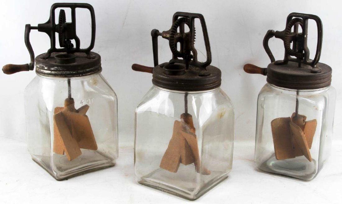 LOT OF 3 ANTIQUE LARGE GLASS BUTTER CHURNS