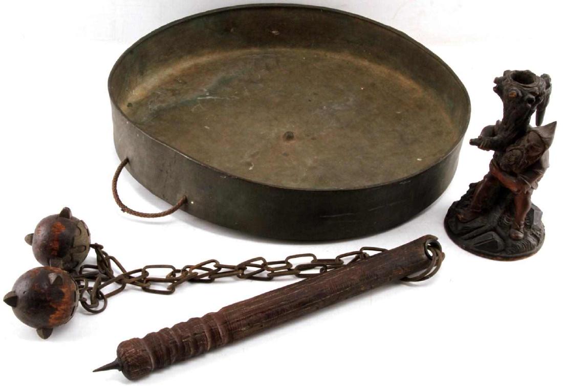 ANTIQUE GONG MACE WEAPON & BLACK FOREST CARVING: The gong measures 15 inches, the mace is wood, the elf candlestick is is 7 inches tall.