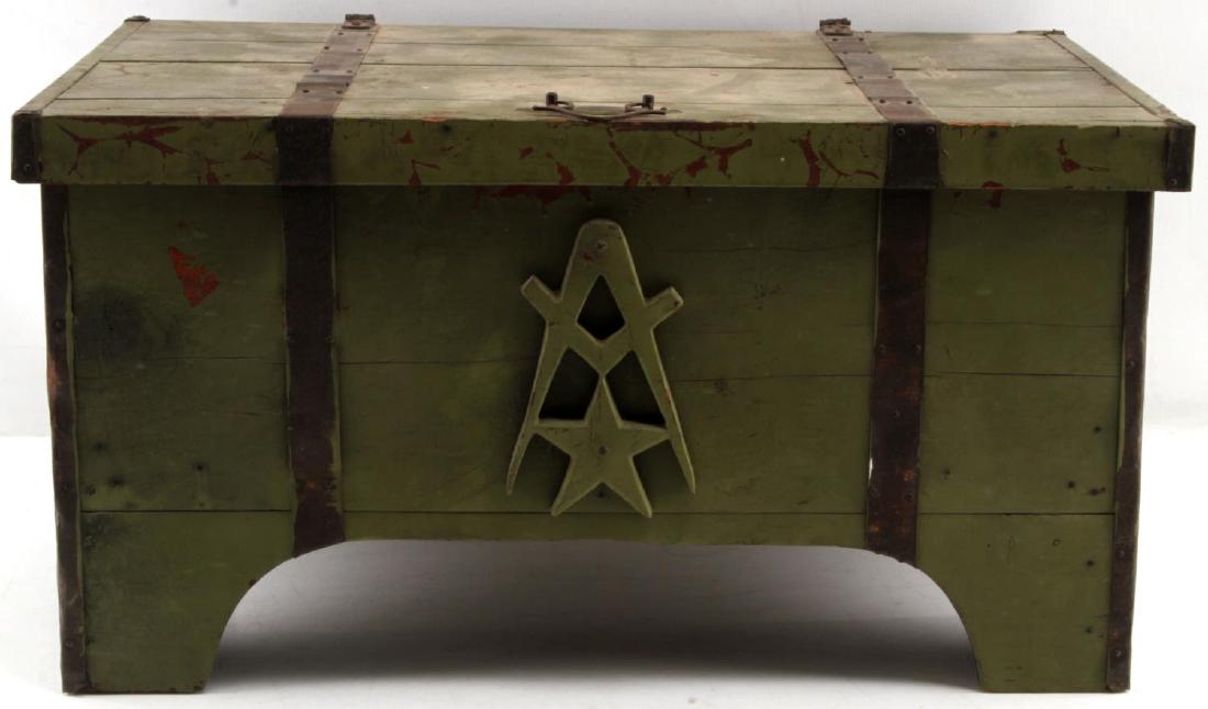 ANTIQUE GREEN WOODEN MASONIC CHEST HAMMERED METAL: Antique wooden Masonic chest with hammered metal decoration. Hinged at top for lid. Small metal handle. Carved square and compass above carved star. Painted green. Measures approximately 17 inches in 