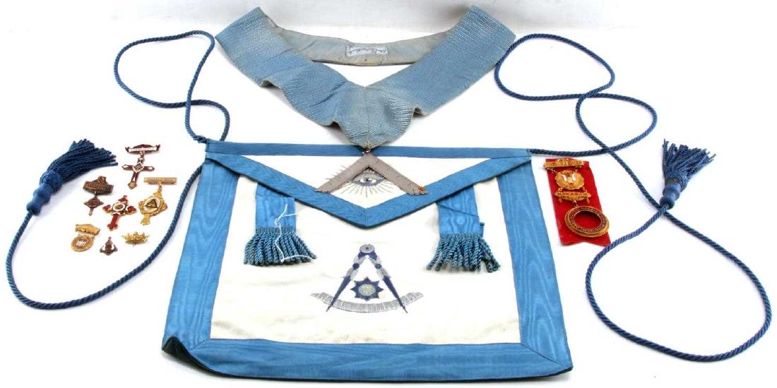 ANTIQUE MASONIC BIB SASH & JEWEL MEDAL LOT: Sash has sterling square, jewels are a variety most likely gold filled, condition as photographed. G3