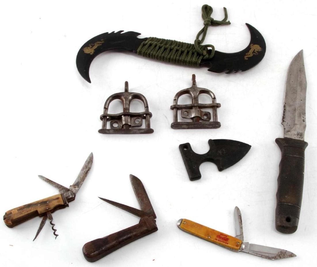 KNIFE COCA COLA SOG PUSH DAGGER THUMB CUFF LOT: Folding knives including a Coca Cola Knife, 2 thumb cuffs, Ace of Spades , plastic push dagger Sog Bowie knife, eccentric Chinese blade. ew 152, 92, 93, 85 90