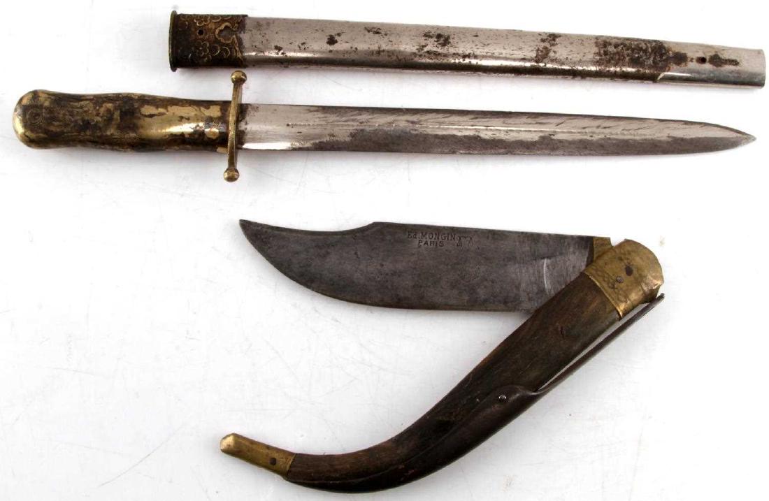 PAIR OF ANTIQUE UNUSUAL EUROPEAN EDGED WEAPONS: First item is a large folding knife which appears to be of significant age with horn handle and metal spine locking mechanism item is marked " Ed MONGIN PARIS " above a scales symbol on blade which me