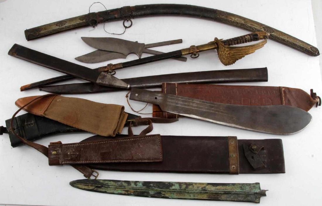 ASSORTED MULTI CONFLICT EDGED WEAPON & SHEATH LOT: Assortment of edged weapons and sheaths from a variety of conflicts. Includes an Italian Air Force sword form WWII broken about midway down the blade along with likewise broken scabbard, an 18 1/2 inc