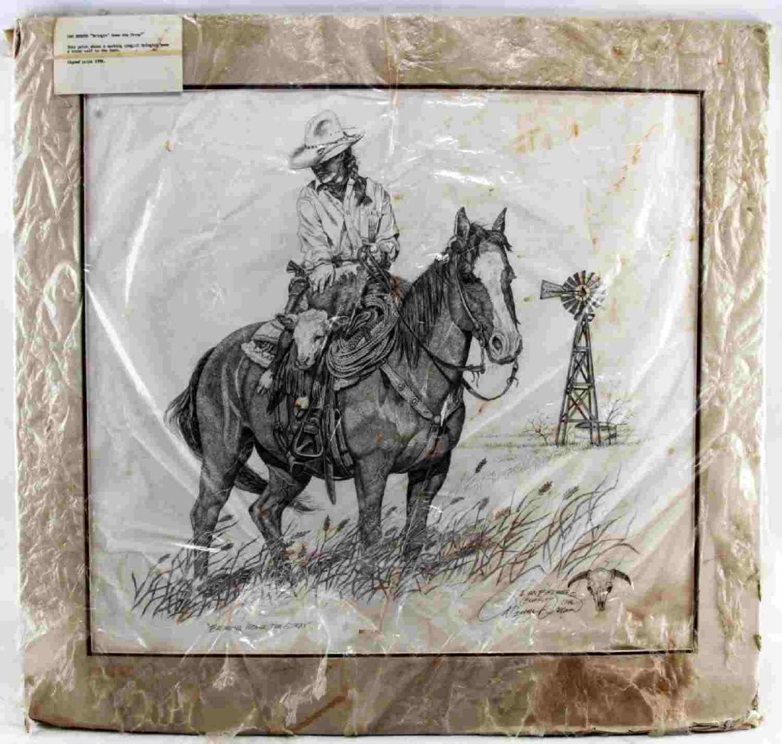 DAN BREWER SIGNED PRINT BRINGING HOME THA STRAY: Unframed print by Dan Brewer. Signed and dated 1996. Titled "Bringing Home Tha Stray" Measures 24 inches by 22 inches, sight. 30 inches by 28.25 inches, matted. Matte has some tearing and staining. Pr