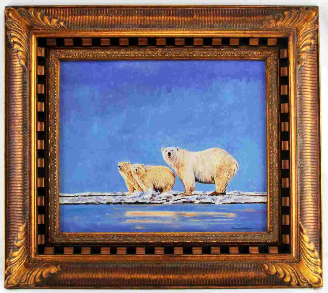 DHARBINDER S BAMRAH WILDLIFE PAINTING POLAR BEARS: Dharbinder S. Bamrah contemporary wildlife painting. Oil on canvas. Polar bears in snowy landscape. Titled "Arctic Cold" Signed on the lower right. Burnished gold frame. Measures 20 inches by 24 inche