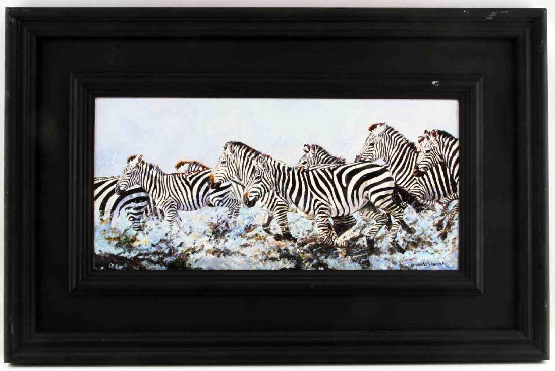 DHARBINDER S BAMRAH WILDLIFE PAINTING ZEBRA: Dharbinder S. Bamrah contemporary wildlife painting. Oil on canvas. Zebras running through water. Title "Mara Crossing" Signed on the lower right. Black frame with some minor discoloration in areas. M
