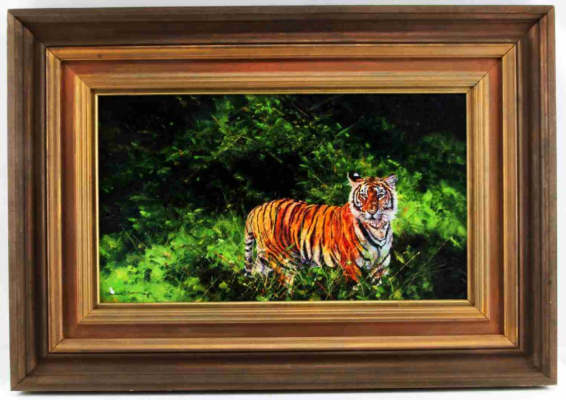 DHARBINDER S BAMRAH WILDLIFE PAINTING TIGER: Dharbinder S. Bamrah contemporary wildlife painting. Oil on canvas. Tiger in jungle greenery. Title "From Deep Cover" Signed on the lower left. Two toned (gold and bronze) frame with some minor peelin