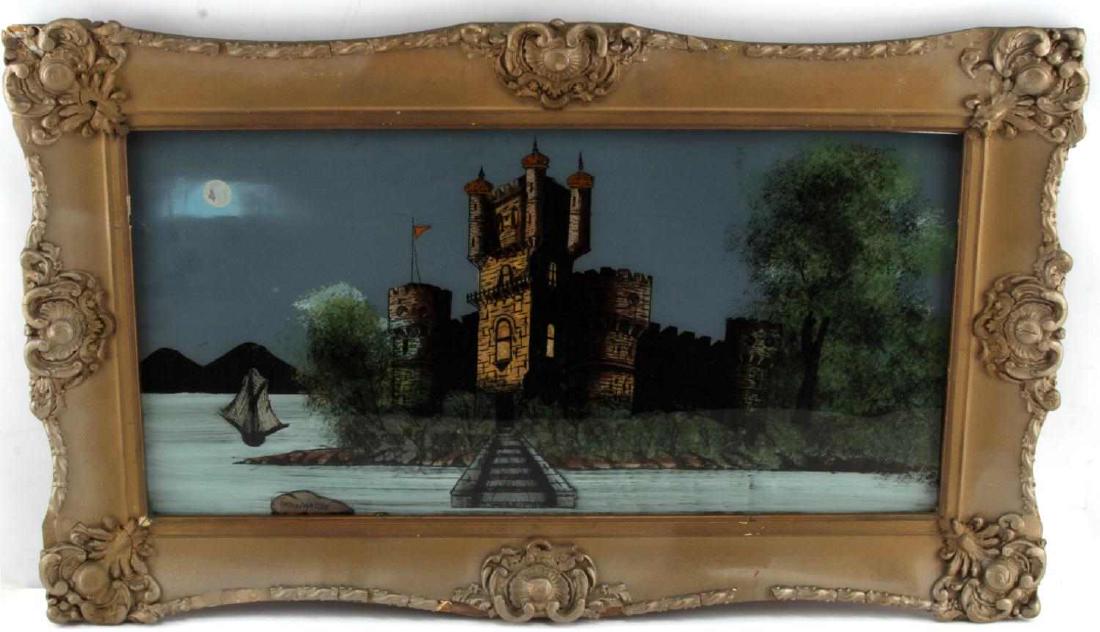 LOT OF 2 REVERSE GLASS PAINTING & HANHART LITHO: The reverse glass painting is called 'On the Danube.' It depicts a castle on the water. Image measures 23.5 X 11.5 inches. The frame measures 29.5 X 17.5 inches. The second piece is a colored lithogra