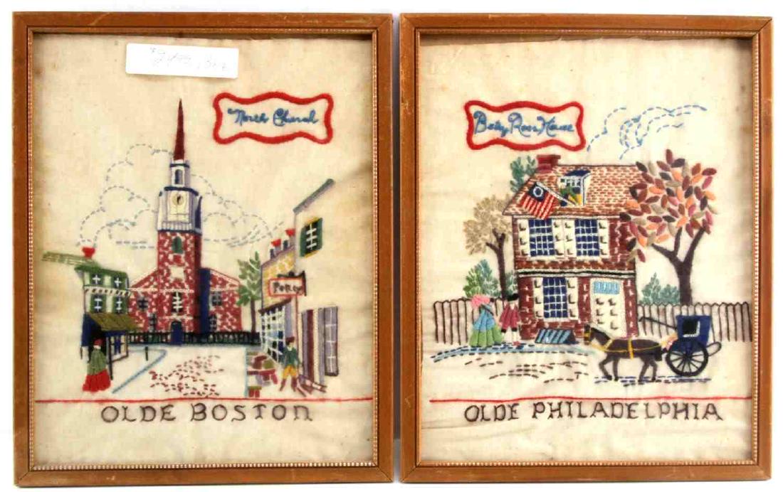 EMBROIDERY ART BETSY ROSS PHILADELPHIA BOSTON: Framed embroidery of Betsy Ross House. Labeled at top "Betsy Ross House" and at bottom "Olde Philadelphia" Measures 13.5 inches by 10.5 inches sight and 15 inches by 12 inches framed. Frame is in good