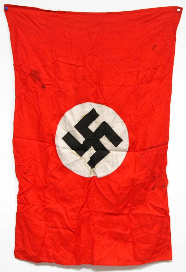 WWII GERMAN THIRD REICH THREE PIECE NATIONAL FLAG: Third Reich national flag. Three piece construction, and appears to be hand stitched. In very good condition overall with minor staining. Does not fluoresce under blacklight. FL74