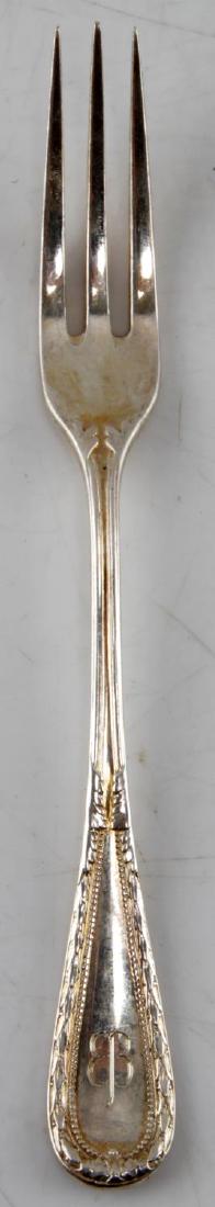WWII EVA BRAUN THIRD REICH HALLMARK 800 SILVEWARE: WWII era Eva Braun Third Reich silverware. One fork 5.5 inches with floriated border pattern. Marked with the Eva Braun butterfly. 800 silver. Posen maker's mark. SV2.
