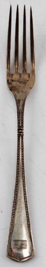 WWII SPEER THIRD REICH HALLMARK 800 SILVERWARE: WWII era Albert Speer Third Reich silverware. One fork measuring 8.25 inches. Marked with AS initials. 800 silver. German hallmark. SV2.