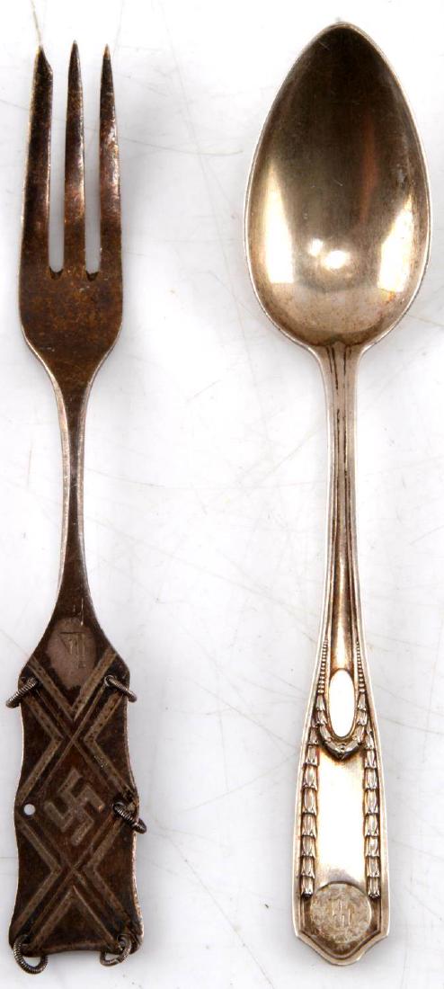 WWII THIRD REICH SS GARRISON SILVER TEASPOON: WWII Third Reich SS garrison silver teaspoon measuring 5 inches. Hallmark 800 silver. One silver fork with swastika stamp measuring 5 inches. SV2.