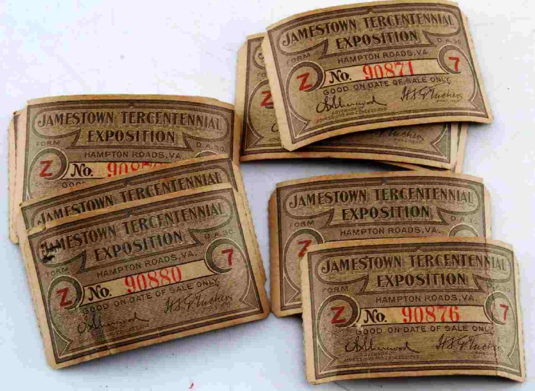 9 JAMESTOWN TERCENTENNIAL EXPOSITION TICKET LOT: Sequential numbers ending 871 to 880, F to VF condition.
