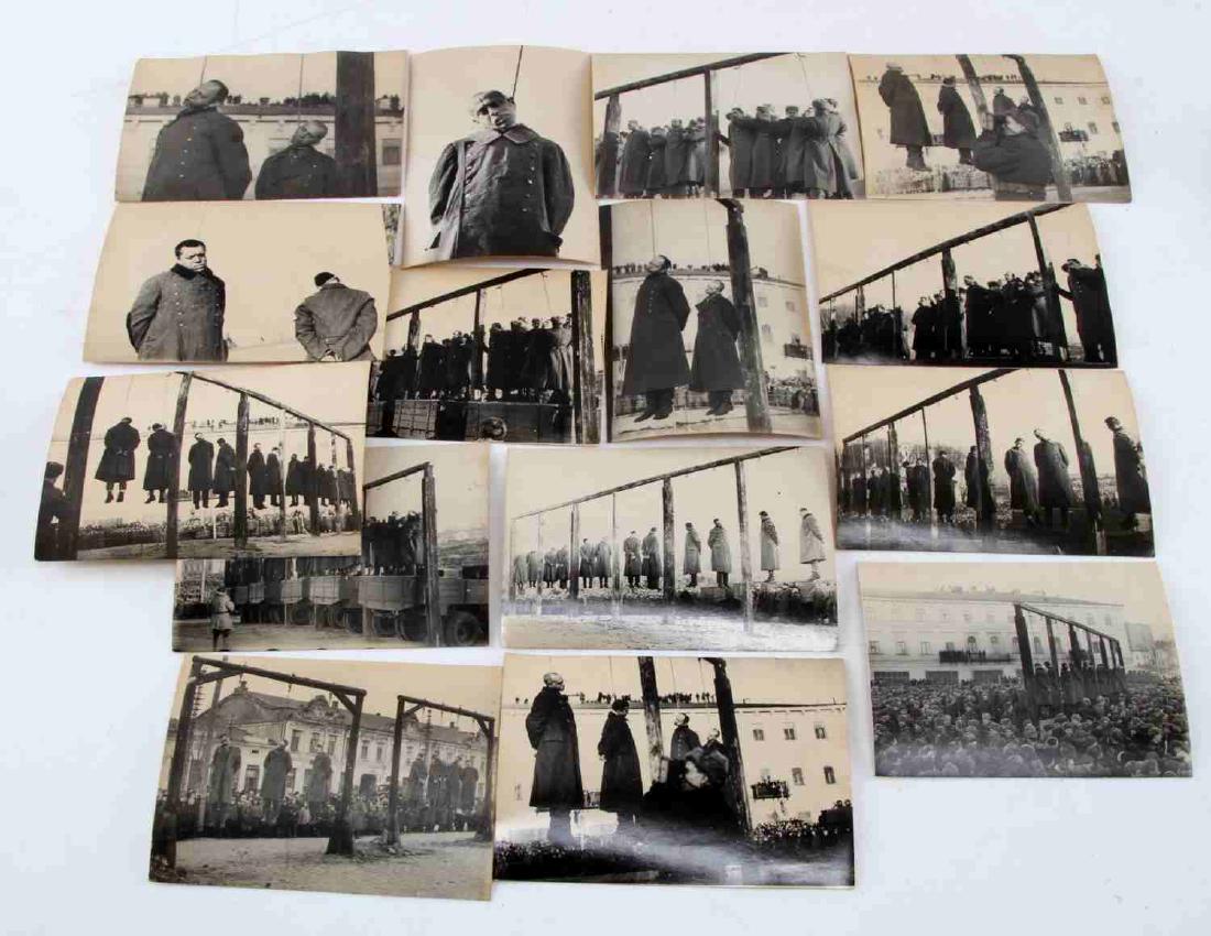 15 POW EXECUTION PHOTOS FROM UKRAINIAN ARCHIVES: 15 photos from Ukrainian archives depicting a public execution of German POWs. Took place in Kiev in 1946. All in VG condition with signatures. This lot has a reserve.