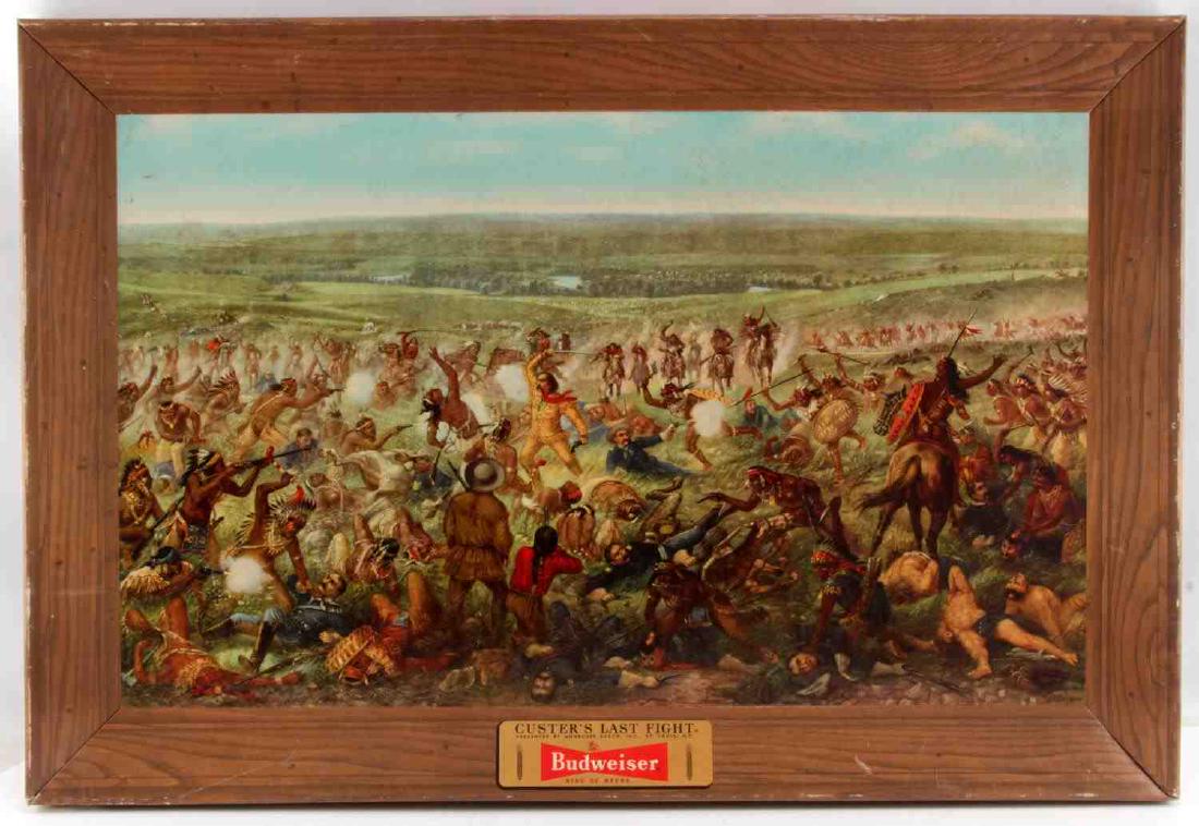 1952 BUDWEISER CUSTER'S LAST FIGHT ADVERTISEMENT: Budweiser advertisement of Custer's Last Fight from 1952. Print and frame all of one piece from cardboard. Advertisement is printed Becker's "Custer's Last Fight" Bottom of frame is labeled "Custer's 