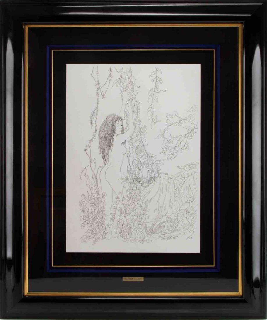 ORIGINAL CHRISTAIN LASSEN ENCHANTED JUNGLE SKETCH: Pencilled border with ink outline, most likely unfinished, signed by hand lower left, in black lacquer frame. Frame measures 32 by 39 inches, art 22 by 15, original not a print. Comes with a book abou