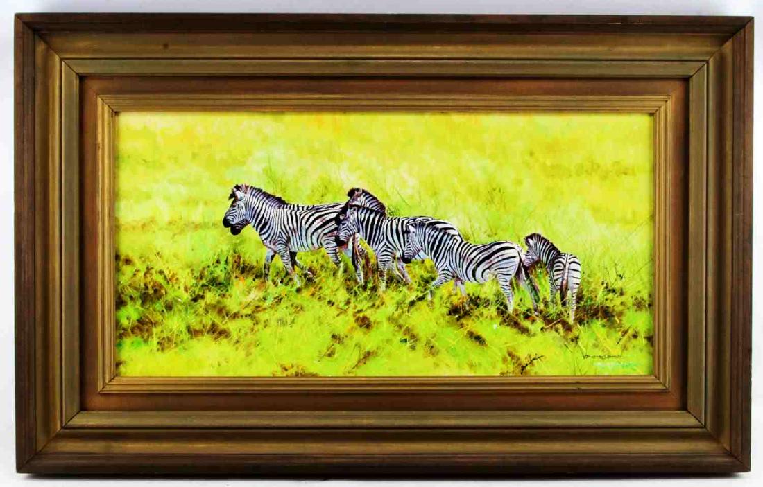 DHARBINDER S. BAMRAH WILDLIFE PAINTING ZEBRAS: Dharbinder S. Bamrah contemporary wildlife painting. Oil on canvas. Zebras against green landscape. Title "On the Plains of the Serengheti" Signed on the lower right. Bronze frame with some minor scra