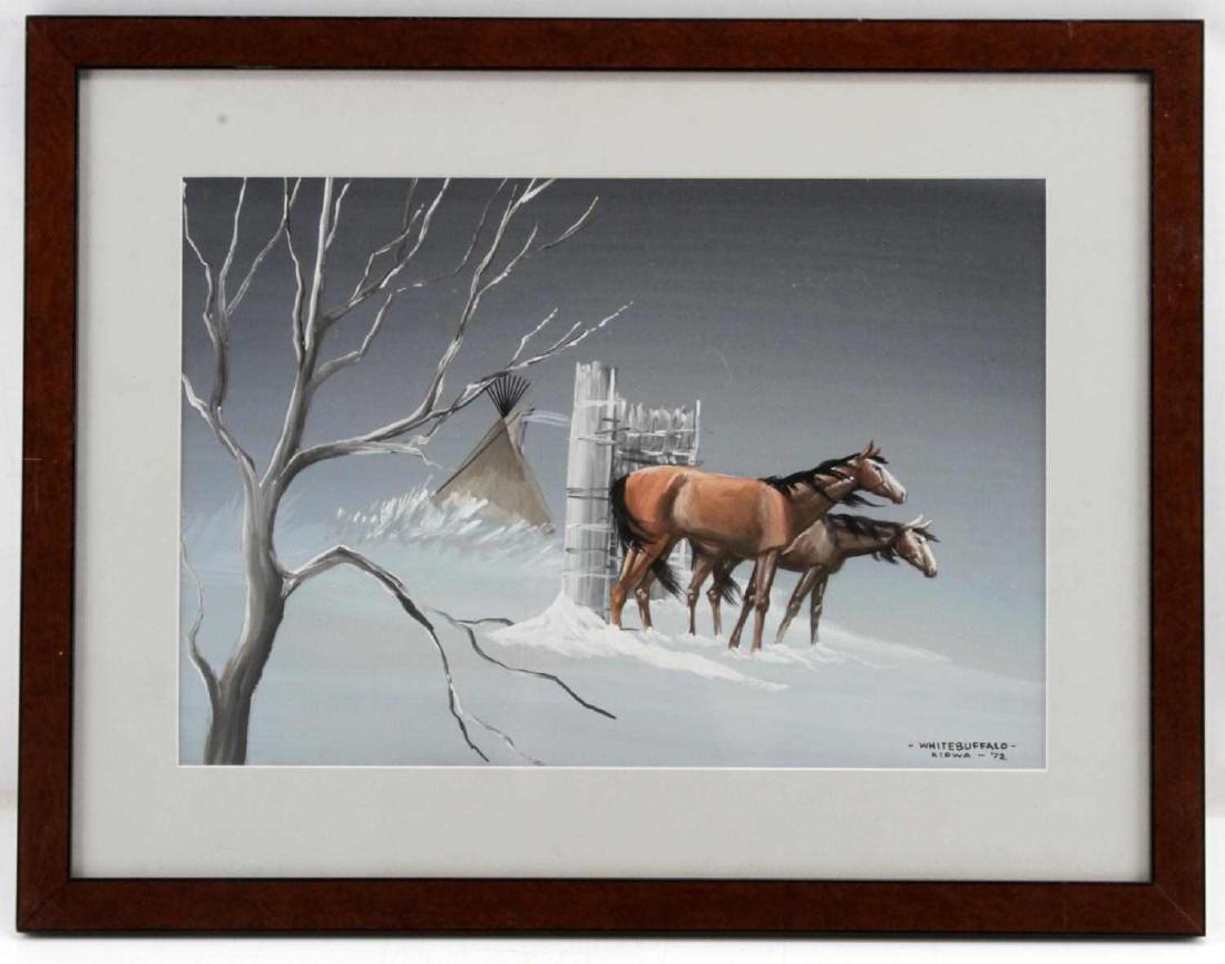 BOBBY HILL NATIVE AMERICAN LANDSCAPE PAINTING: Bobby Hill Native American winter landscape. Bare tree, teepee and two horses walking through snow on a gray background. White cream/gray matte and brown frame. Gouache on paper. Measures 10.75 inches