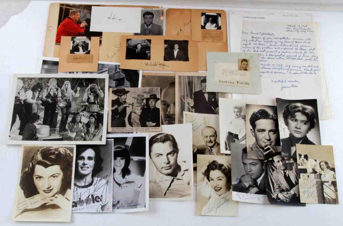 LOT OF AUTOGRAPHED VINTAGE HOLLYWOOD PHOTOGRAPHS: Lot of autographed vintage Hollywood photographs. Includes Jack Beutel, Don Beddoe, Raymond Pellegrin, John Gregson, David Knight, Piper Laurie, Margia Dean, Billie Jean King, Marlo Thomas, Patricia C