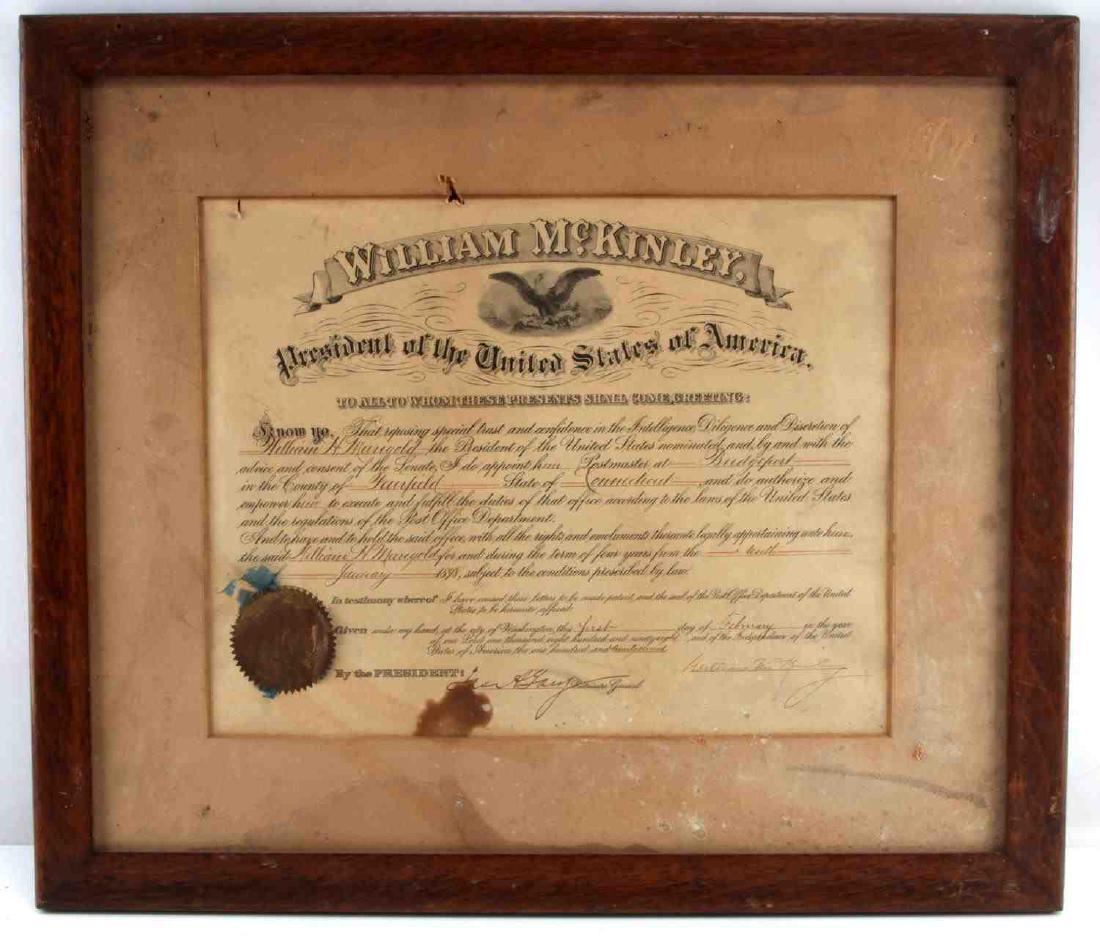 WILLIAM MCKINLEY POSTMASTER APPOINTMENT SIGNED: Signed and framed appointment certificate. Partially printed certificate appoints William H. Marigold to the office of postmaster Bridgeport. Signed at bottom right " William McKinley" Seal affixed on