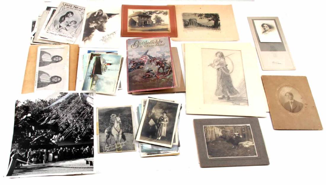 LOT POSTCARD PHOTOGRAPH ORIGINAL DRAWINGS EPHEMERA: 100 Item Lot. Postcards, photographs including Native American photos, Pre war and Post war American photos and late 19th century photos, show girls, the lone ranger, and more, Original Drawings. G3