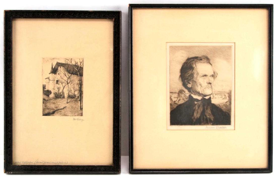 KATELHON ETCHING AND OTHER ENGRAVING LANDSCAPE: One Hermann Kätelhön portrait etching of an unknown sitter. Pencil signed by artist. Measures 8 inches by 6.25 inches sight. 15.5 inches by 13.25 inches framed. Etching is in excellent condition. Fr