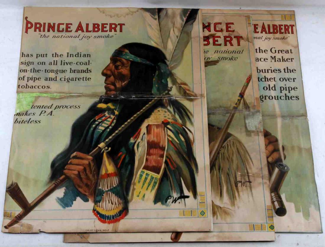 LOT PRINCE ALBERT TOBACCO NATIVE AMERICAN POSTERS: Three original Prince Albert tobacco advertisement posters. One titled Chief Lean Wolf - taped across middle, bottom left corner, bottom middle, tear near bottom left and middle right side, water dama