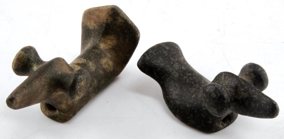 PAIR OF POPEYE BIRD STONE MISSOURI FOUND ARTIFACTS: Both holed for presumably mounting, Woodland period complete and free or damage, unpolished and nice grainy patination, from long time Missouri collection near Scotts City. They measure 3.5 and 4 inch