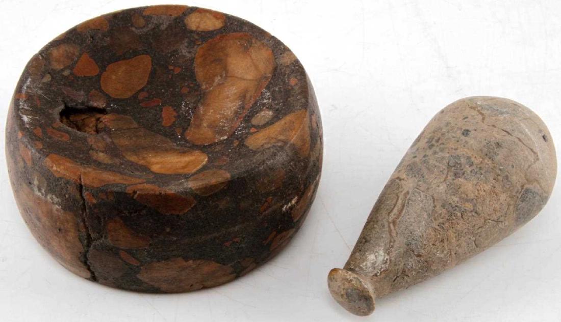 WOODLAND PERIOD MISSOURI DISCOIDAL & PLUMMET: Discoidal is of unique bedrock formation, plummet is grey polished hard stone. Missouri boot heel found and part of a longtime Missouri collection.