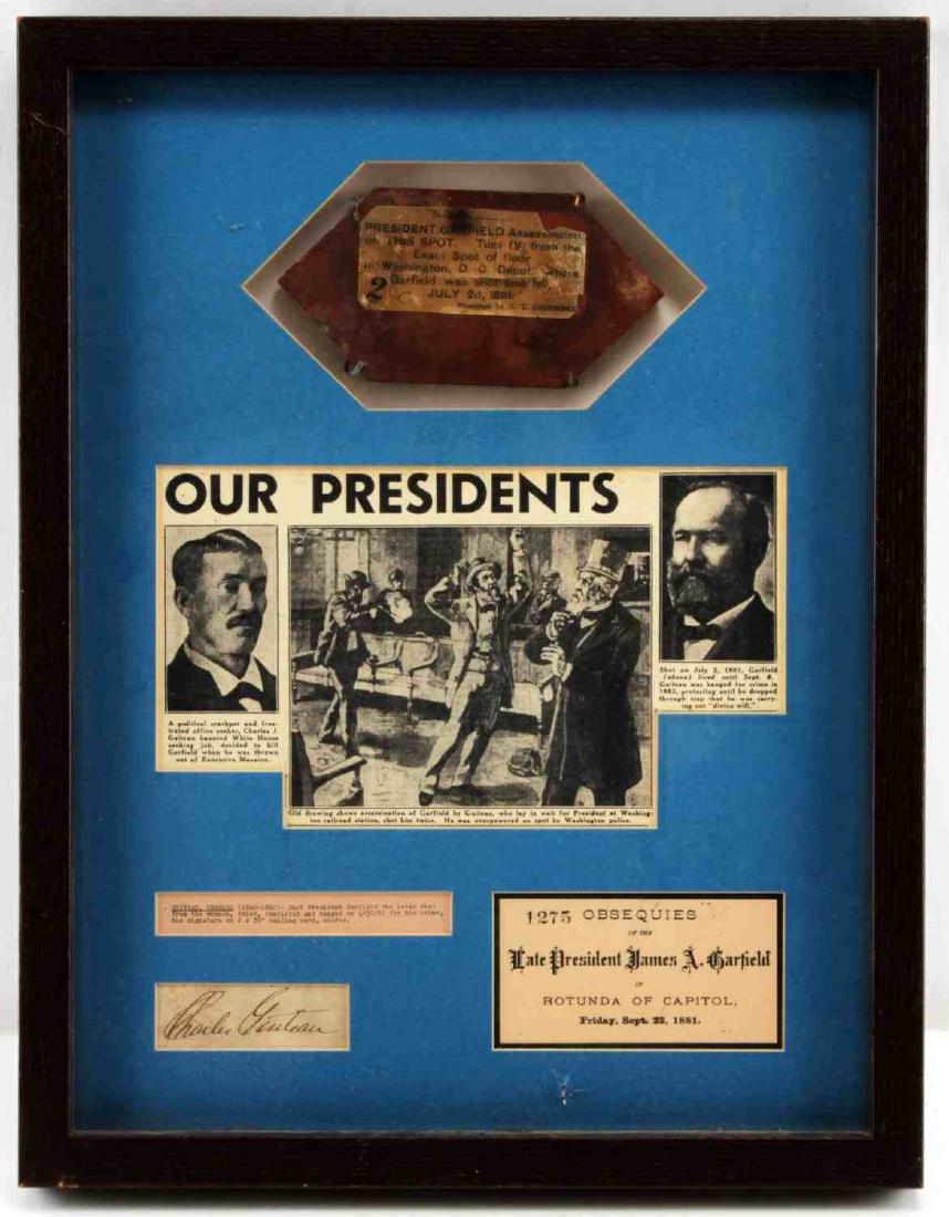 GARFIELD ASSASSINATION TILE GUITEAU SIGNATURE: Tile from the site of President Garfield's assassination. Newspaper clipping titled "Our Presidents." The assassinator, Charlie Guiteau signed calling card. A 1275 Obsequieds of the Late President Jam