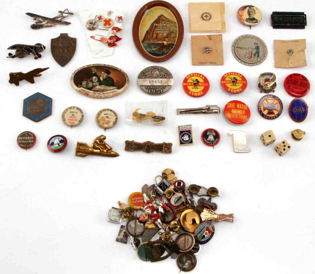 COLLECTION OF PINBACK POLITICAL ADVERTISING PINS: Great grouping , early advertising mirror, trays, pinbacks, Cracker Jack, Mickey Mouse, Red Cross, aviation , 4 H , Fraternal, Masonic and much more.