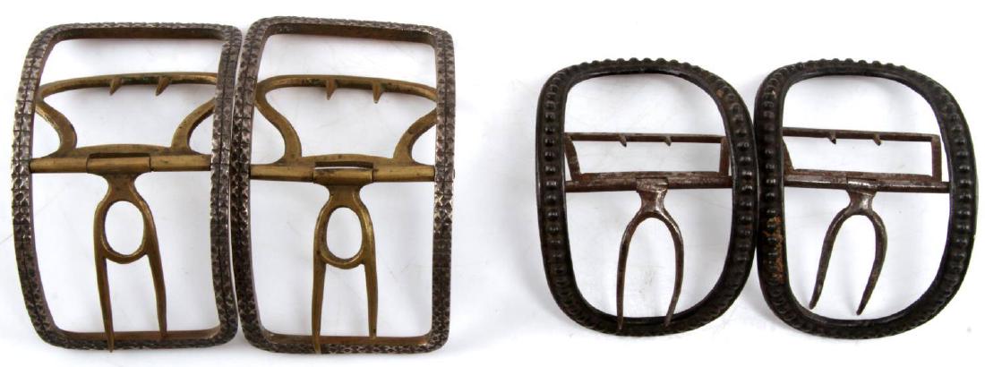 2 PAIR ANTIQUE GEORGIAN COLONIAL SHOE BUCKLES: Silver plate one each is decorated and very good original condition.