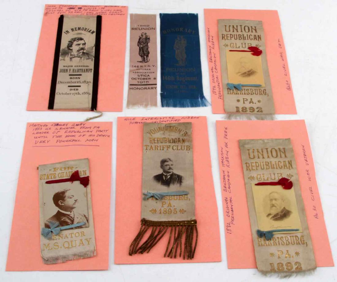 AMERICAN POLITICAL MEMORIAL REUNION RIBBONS: American ribbons. All in good condition and with little staining from handling and most with portraits. Includes two 1892 Union Republican Club Benjamin Harrison presidential campaign ribbons, one Chr