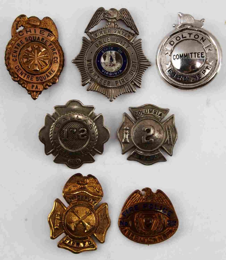 ANTIQUE OBSOLETE FIREFIGHTER BADGE LOT OF 7: Dallas, Columbia, Allentown, Farm., Dale City, Center Square PA., measure 45 to 75mm. RM55