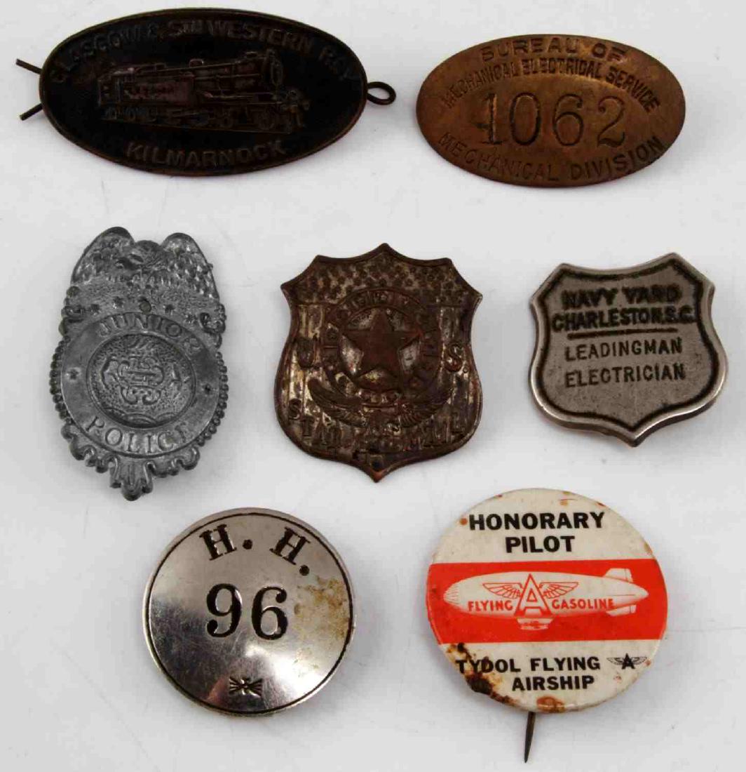 7 BADGE LOT STAR MAIL JR POLICE NAVY YARD RR MORE: Some scarce ones, all have back pins, they measure 44 TO 65MM, included Glasgow RR, Star Mail Carrier and more.RM55