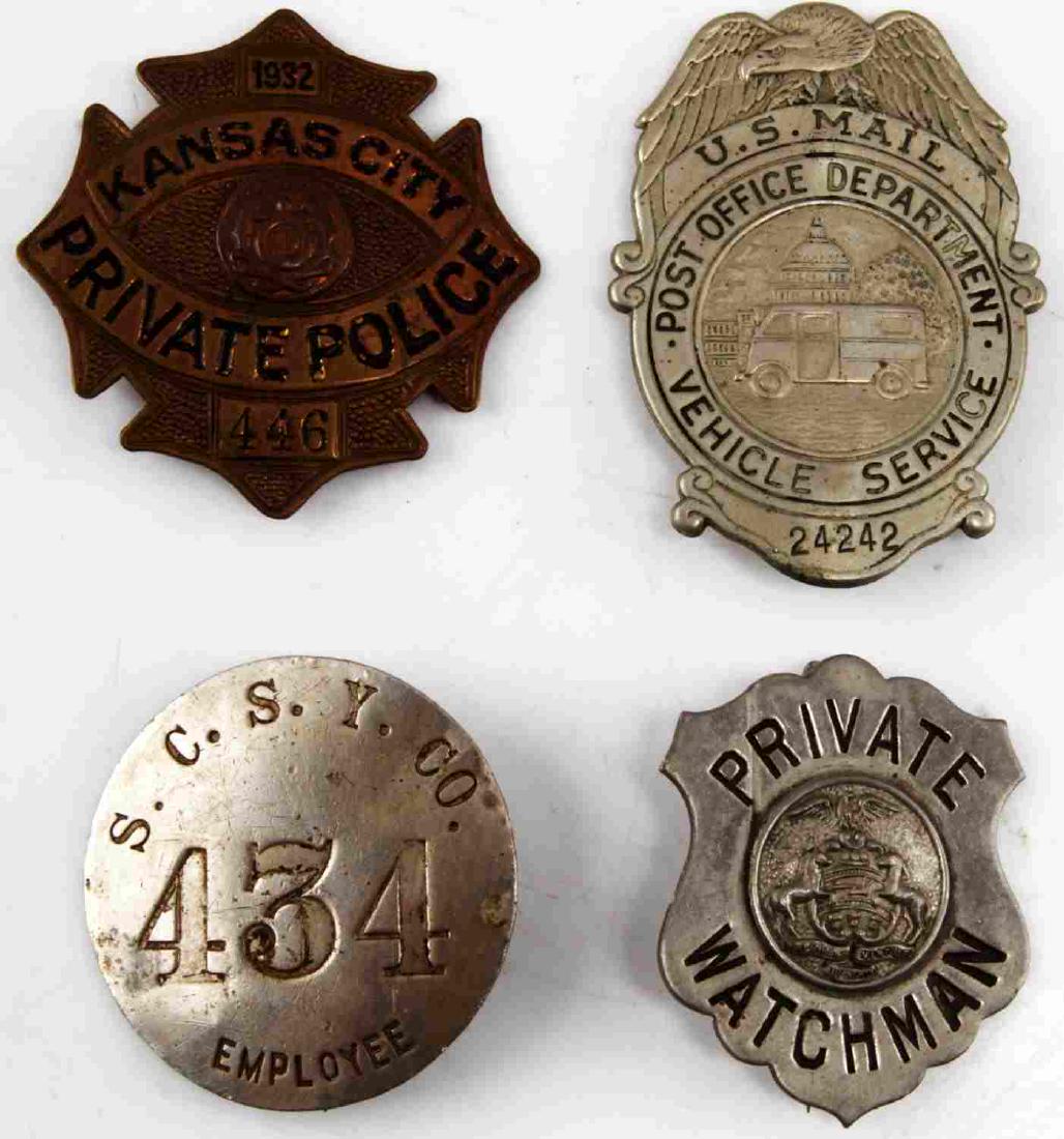 UNITED STATES PRIVATE & POST OFFICE BADGE LOT: Lot of four obsolete badges. One is believed to be from a private security company in New York, one is a 1932 dated Kansas City Private Police badge, one is a Sioux City Stockyard Company employee bad